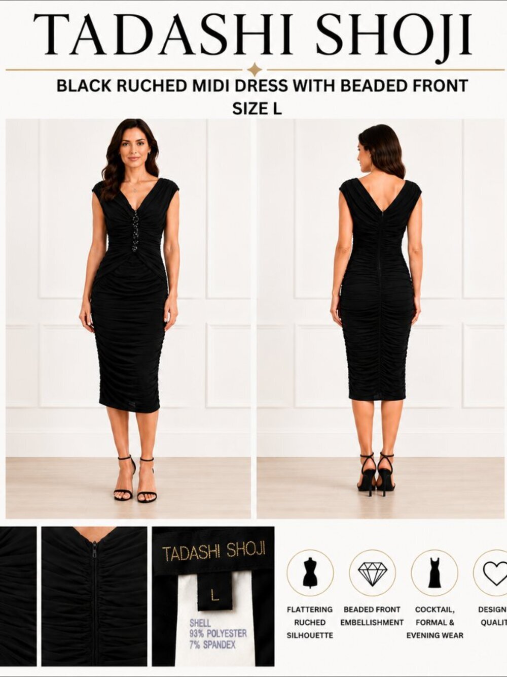TADASHI SHOJI BLACK RUCHED MIDI DRESS L